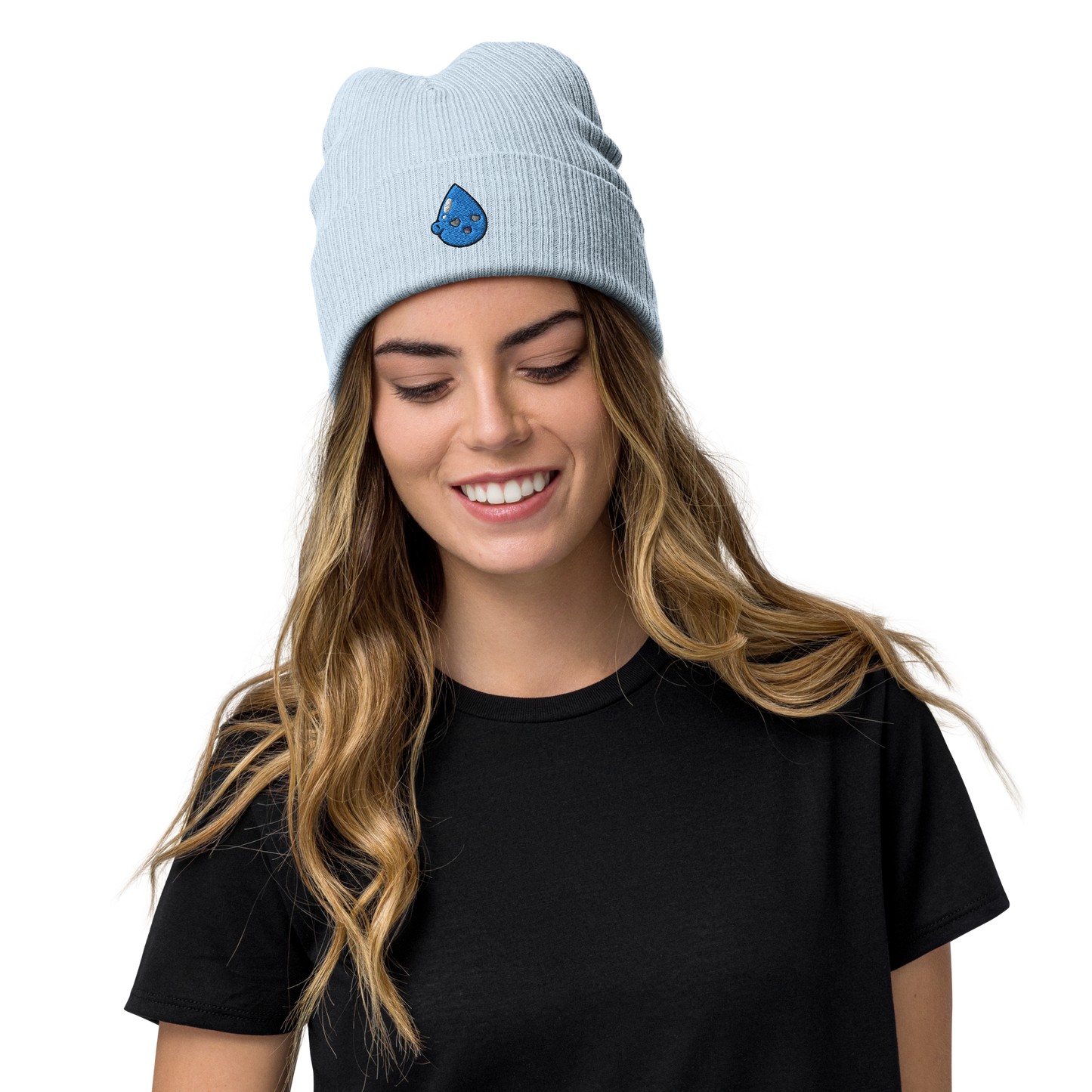 GenaDrop Icon Embroidery Light Blue Ribbed Knit Beanie