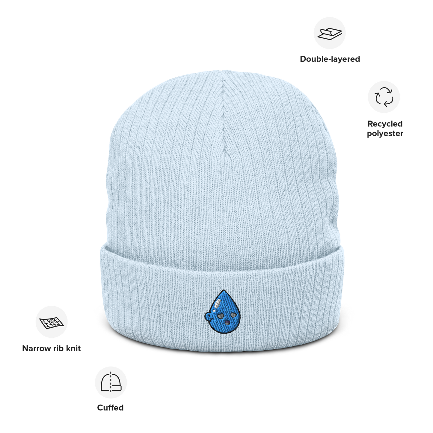 GenaDrop Icon Embroidery Light Blue Ribbed Knit Beanie